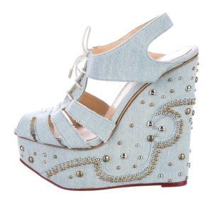 Charlotte Olympia Gene Studded Denim Wedge Sandals